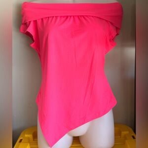NWOT Peiara Off Shoulder Asymmetrical Hem Cap Sleeve Shirt - Hot Pink, M